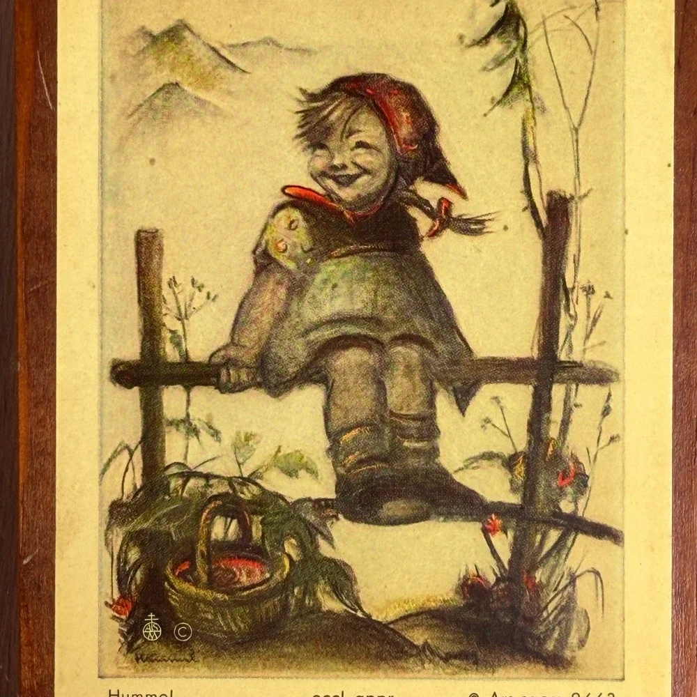 Vintage Hummel Wood Plaque Handcrafted Girl on Fence Art Old‎ World Cottagecore